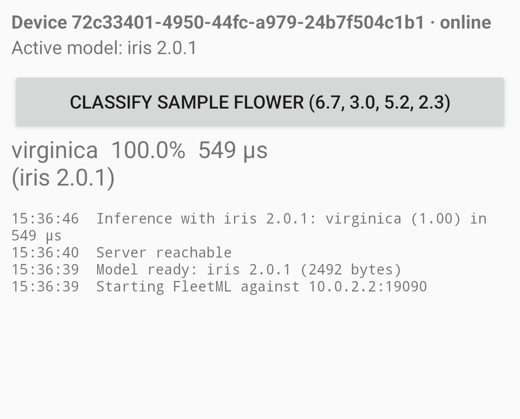 The Android sample app: a device online, Active model iris 2.0.1, the Classify sample flower button, the result virginica 100.0% in 549 microseconds, and its log.